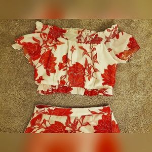 Floral off the shoulder crop top with matching skirt